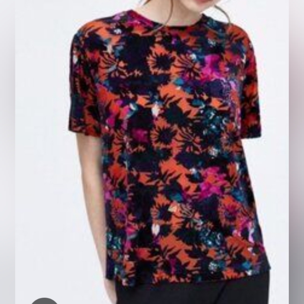 Zara Women's Multicolor Floral Velvet T-shirt Size Small